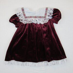 Vtg Harold Square Girl's Dress Size 4T Burgundy Velvet Lace Collar Embroidered
